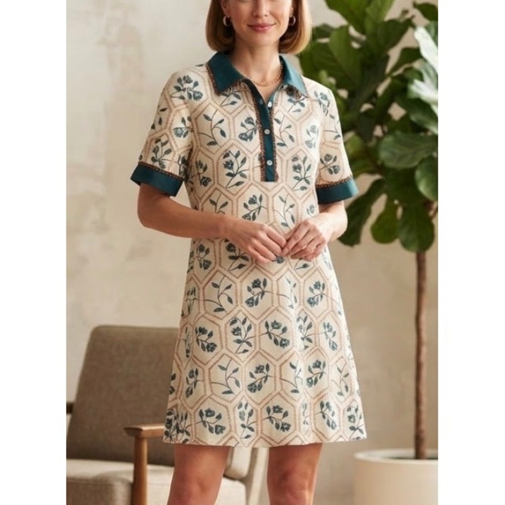 T&C Apparel Women Teal Cream Floral Honeycomb Polo Shift Mini Dress Eyelet Trim